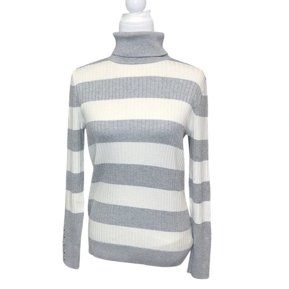 Talbots Striped Turtleneck Button Detail Sweater